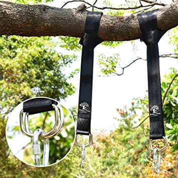 Tree Swing & Hammock Hanging Kit Straps -Two 5 ft Straps Holds 2200 lbs. -Attaches 2 Heavy Duty Carabiners Hook, Easy & Fast Swing Hanger Installation，No Stretching-Better than Swing Rope & Chain!
