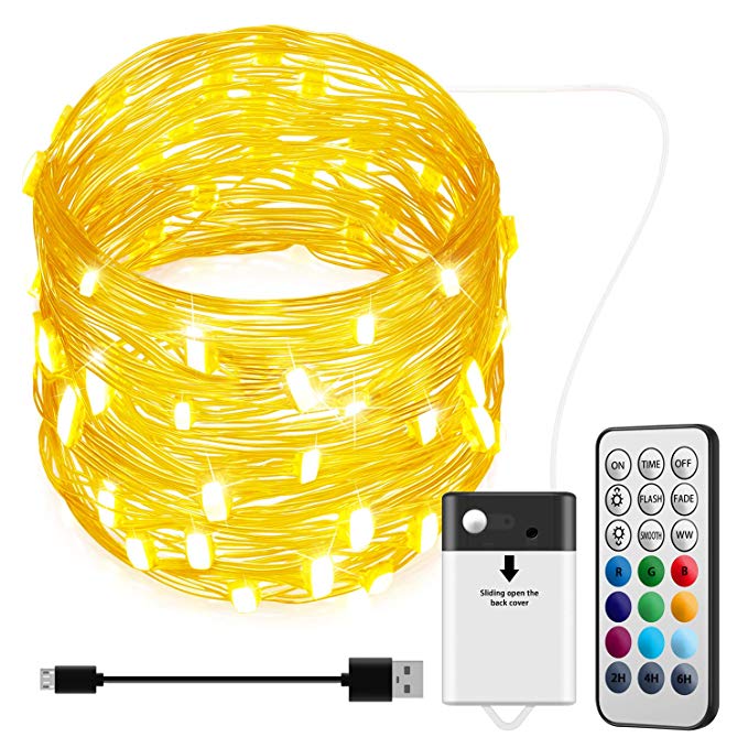 Oria String Light, 10 Colors Fairy Light, Copper Wire Light with Remote, Battery & USB Powered, 3 Modes 50 Led 16.4ft Firefly Lights with Dimmable, Timer for Christmas, Bedroom (RGB   Warm White)