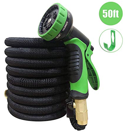 50ft Expandable Garden Water Hose – Flexible & Light Weight with Strongest Triple Core Latex & 3/4 Solid Brass Fittings – 10 Pattern Spray Nozzle with Hanger & Storage Bag