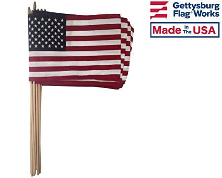 One Dozen (12 Qty) 12x18" US Cotton Stick Flag American Flag on 30" dowel with gold tip MADE IN USA, Top Quality, hemmed edges