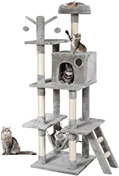 COSTWAY Cat Tree, Multi-level Cats Tower with Hammock, Condo, Scratching Posts, Perches and Ladder, Kittens Activity Centre for Climbing, Scratching, Sleeping (Grey)