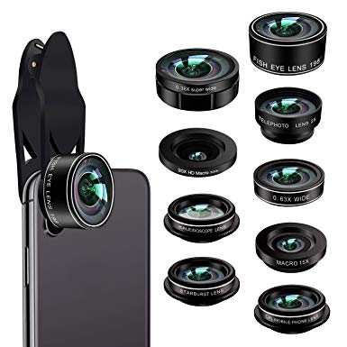 Phone Camera Lens Kit,9 in 1 Kaiess Super Wide Angle  Macro  Fisheye Lens  Telephoto  CPL Kaleidoscope Starburst Lens for iPhone X/8/7/6s/6 Plus, Samsung,Android Smartphones(Matte Black)