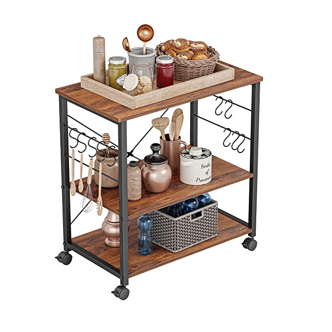 CubiCubi Baker's Rack Kitchen Cart, 3-Tier Utility Microwave Oven Rack on Wheels, Coffee Cart with Storage and 10 Hooks, Deep Brown