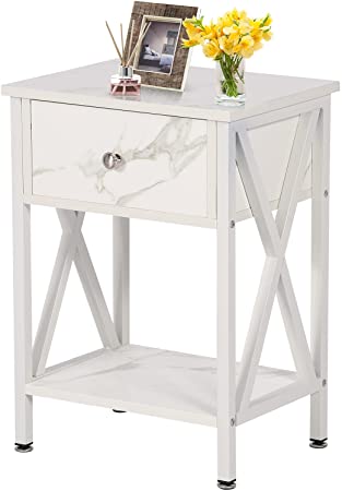 VECELO Modern Versatile Nightstands X-Design Side End Table Night Stand Storage Shelf with Bin Drawer for Living Room Bedroom, Marble White