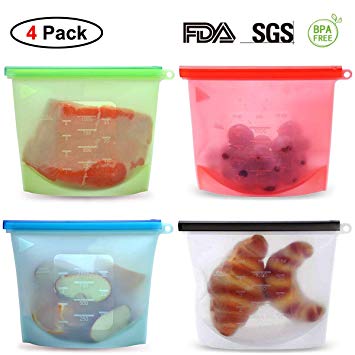 Reusable Silicone Food Storage Bag Seal Colored Kitchen Containers Microwave Dishwasher Freezer Oven Safe Suitable for Babies and Adults (4 pcs 7.1-7.5inch)