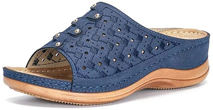 Lishiny Womens Solid Color Thick Bottom Carved Slipper Sandals Large Size Casual Sandals for Summer Beach (Blue,39)