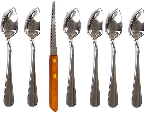 Grapefruit Spoon And Knife Set, 6 Stainless Steel Serrated Spoons & 1 Grapefruit Knife