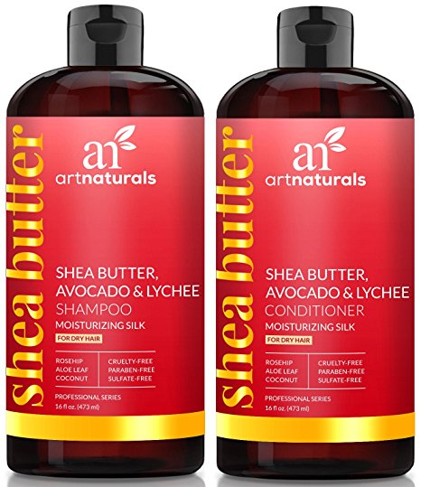 ArtNaturals Shea-Butter Shampoo and Conditioner Set - (2 x 16 Fl Oz / 473ml) - Moisturizing Silk - For Dry Damaged Hair - Avocado, Lychee, Rosehip, Aloe Vera and Coconut - Sulfate-Free