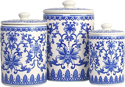 10 Strawberry Street Chinoiserie 3 Piece Canister Set, White/Blue