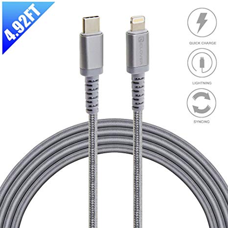 USB C to Lightning Cable,IC ICLOVER (Apple MFI Certified) Type C PD Fast Charging Syncing Cord for iPhone X/XS MAX/8/8 Plus,MacBook 2016/2018 Release,iPad,Other iOS Devices (4.9ft Gray Braided)