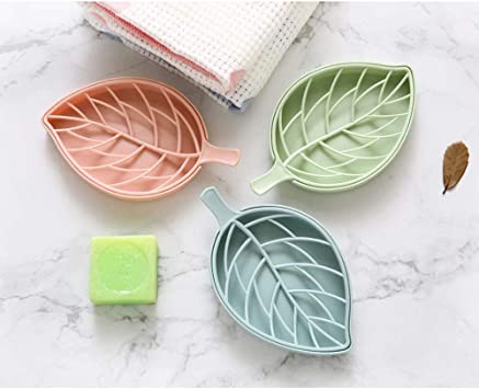 TAZANMA 2 Pack of Nordic Green Soap Dish, Leaf-Shaped Soap Dish Holder with Draining Tray (2 pack Green Color)
