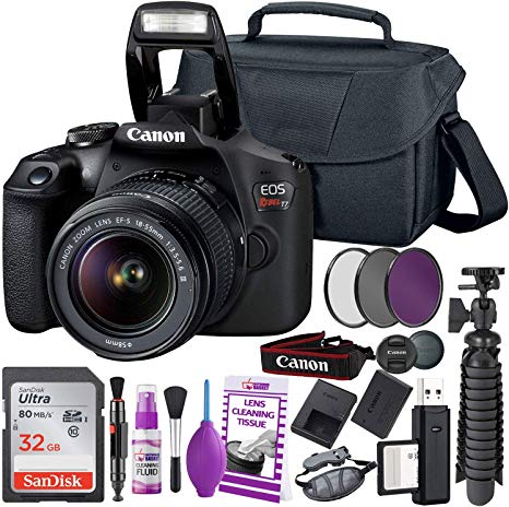 Canon Rebel T7 DSLR Camera (2000D) with EF-S 18-55 mm f/3.5-5.6 Lens   32GB Memory Card   Camera Bag   Cleaning Kit   Table Tripod   Filters