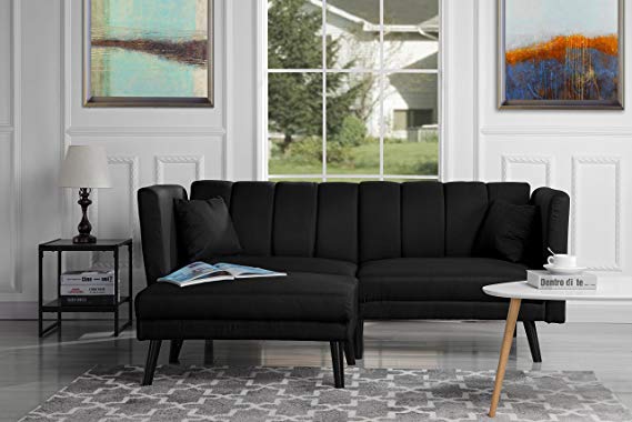 Mid-Century Modern Linen Fabric Futon Sofa Bed, Living Room Sleeper Couch (Black)