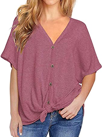 Women's V Neck Blouse Tie Knot Tops Loose Shirt