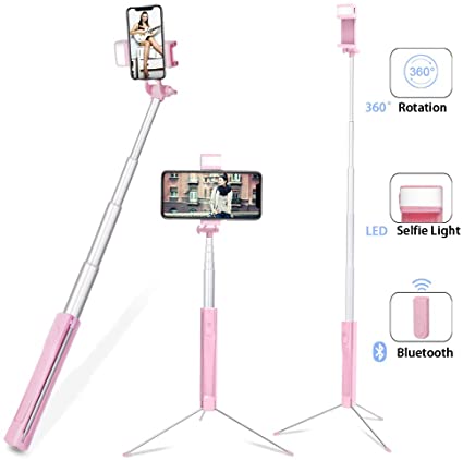 Selfie Stick with Light, 3 in 1 Lightweight Aluminum Alloy Extendable Selfy Sticks Tripod with Wireless Remote Shutter,Compatible with iPhone Xs max XR X 8 7 6s Plus,Galaxy S10 9 8 and More(Upgrade)