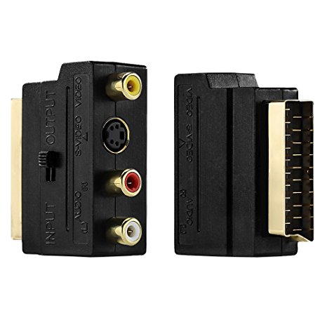 V.TOP Golden Plated Scart Adapter with 3 Phono / RCA Sockets (Audio Video)  S-VHD IN / OUT Black - Composite AV to Scart Male Switchable Converter Connectors