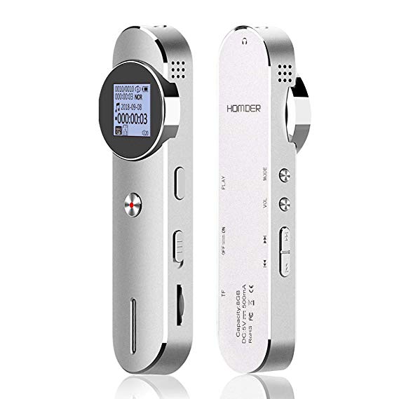 Homder 8GB Dictaphone Expandable via Micro-TF Card (4-64GB/Optional), Stereo HD Digital Voice Recorder for Meetings/Lectures/Interviews, Password Protection/A-B Repeat/MP3 Player -Silver