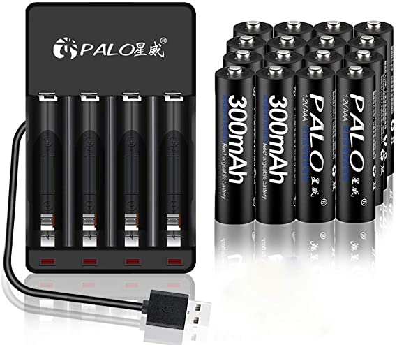 PALO 16 Pack 1.2V AAA 300mAh Ni-MH Battery with 4 Bay AA AAA USB Battery Charger