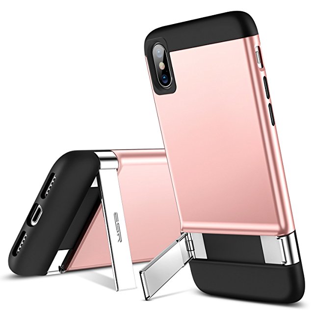 ESR iPhone X Case, Metal Kickstand Case [Vertical and Horizontal Stand] [Reinforced Drop Protection] Hard PC Back with Flexible TPU Bumper for iPhone X (2017)(Rose Gold)