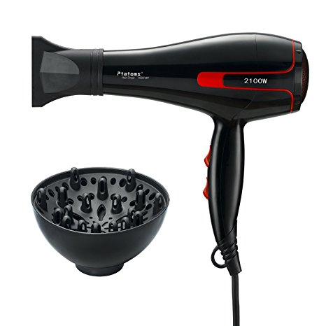 Hair Dryer Ptatoms Constant Temperature Professional Ionic Blow Dryer AC 2100 W with Blue Light 2 Speeds - 3 Heat Settings For Home Barbershop (Black)