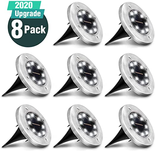 Solar Ground Lights, KINGSO 8 LED Disk Lights with 800mAh Solar Battery, IP65 Waterproof In-Ground Outdoor Landscape Lighting for Pathway, Driveway,Yard,Patio(8 Pack White)