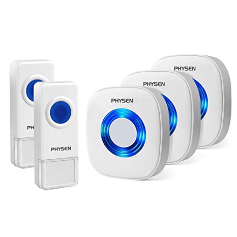 PHYSEN Model CW Waterproof Wireless Doorbell kit with 2 Push Buttons and 3 Plugin Receivers,Operating at 1000 feet Long Range,4 Volume Levels and 52 Melodies Chimes,No Battery Required for Receiver