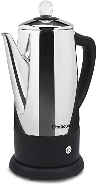 Elite Gourmet EC-120# Electric Coffee Percolator with Keep Warm, Clear Brew Progress Knob Cool-Touch Handle Cord-less Serve, 12-Cup, Stainless Steel