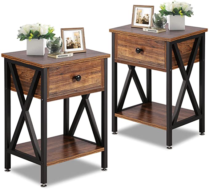 VECELO Night Stands for Bedroom Nightstand Bedside End Tables with Drawer Storage, Rustic Brown,Set of 2