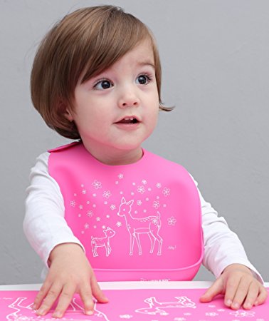 LITTLE Bot Baby Silicone Simple Bib, Spring Deer, Pink. Ultra Soft, Waterproof, Comfortable, Easy to clean, Baby/Toddler, Germ-free