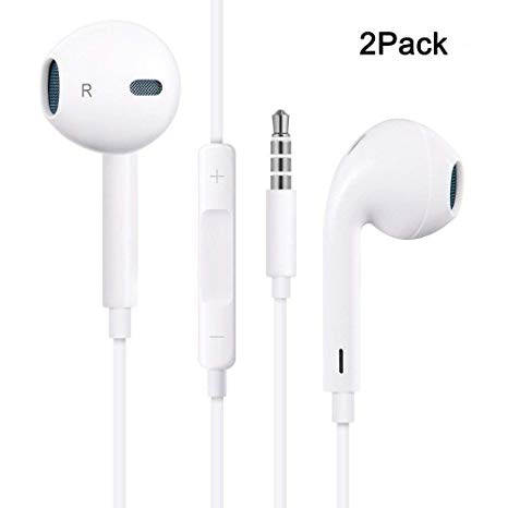 Premium Earbuds Headset [2 Pack ] Wired Headphones Mic Remote Control Fits iPhone iPod iPad Mac Android Samsung Galaxy Kindle MP3 MP4 (White)
