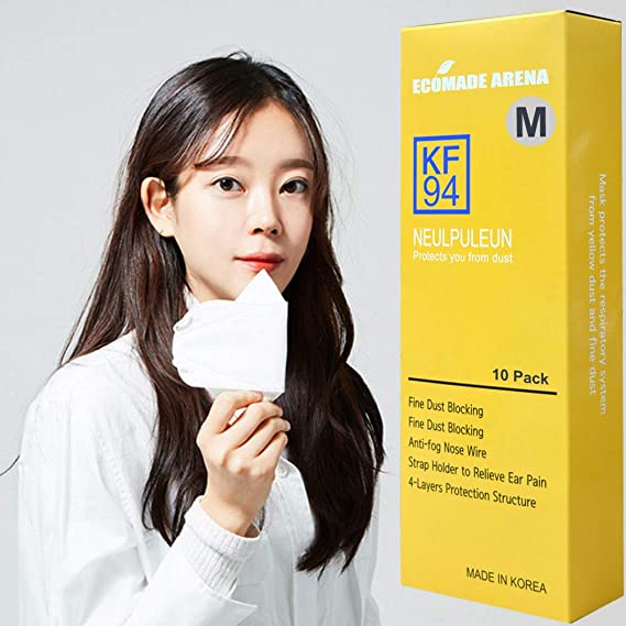 ECOMADE ARENA Neulpuleun Disposable KF94 Face Mask with 4-Layer Filters for Adult, Made in Korea (MEDIUM) (White) (10 Pack)