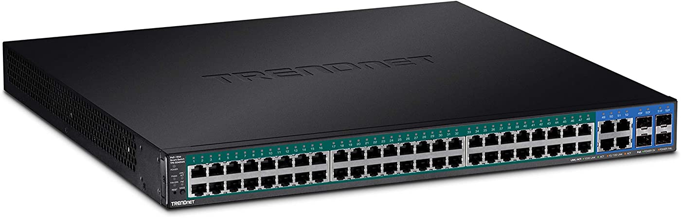 TRENDnet 52-Port Web Smart PoE  Switch, 48 x Gigabit PoE  Ports, 4 x Shared Gigabit Ports (RJ-45 or SFP), VLAN, QoS, LACP, IPv6 Support, 740W PoE Power Budget, Lifetime Protection, TPE-5048WS,Black