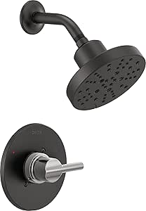 DELTA FAUCET Nicoli 14 Series Single-Handle Shower Faucet, Black/Chrome Shower Trim Kit with 5-Spray H2Okinetic Shower Head, Matte Black/Chrome 142749-CS (Shower Valve Included)