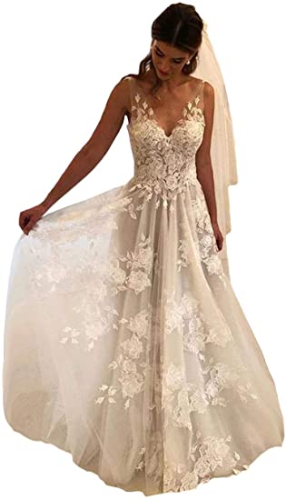 Tsbridal Women Wedding Dresses A-line V-Neck Tulle Lace Backless Boho Wedding Gown Bridal Dresses