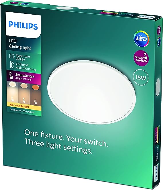 Philips LED SuperSlim SceneSwitch Dimmable Ceiling Light 2700K 15W [Warm White - White] For Indoor Home Lighting in Livingroom and Bedroom