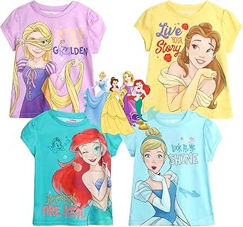 Disney Princess Girls' T-Shirt - 4 Pack Ariel Mermaid, Minnie Mouse, Princess Short Sleeve Graphic Tees for Girls (Size:2T-6)