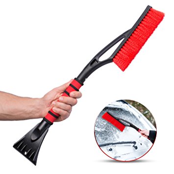 2 In 1 Ice Scraper & Snow Remover Brush Tool | Thick & Full Bristles, Ergonomic Grip, Comfy Foam Handle, Reversible Blade | Broom For Cars, Windshields, Windows, Snow & Ice Removal, Build Up & More