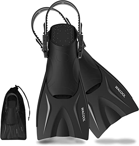 WACOOL Adult Short Light Adjustable Travel Size Fins Short Blade Fins Flippers for Snorkeling Diving Scuba Swimming Training (Black,S-M)