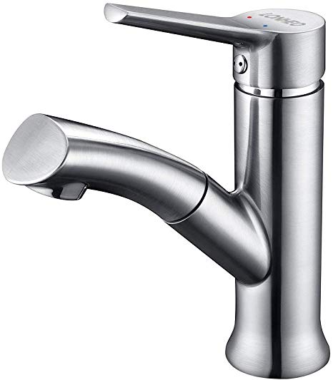 Lonheo Pull Down Bathroom Sink Faucet, Single Hole Basin Sink Faucet with Pull Out Sprayer, Brushed Nickel Finish
