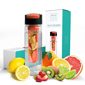 Savvy Infusion Flip Top Fruit Infuser Water Bottle - 24 Ounce - Unique Leak Proof Lid - Great Gifts for Women - Includes Bonus Infused Water Recipe eBook