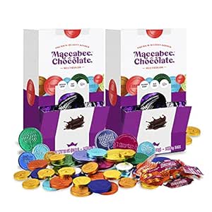 Maccabee Belgian Hanukkah Chocolate Gelt Coins Kosher Nut-free Dairy Multi-Colored (2 Boxes, Each Box Contains 24 Mesh Sacks)