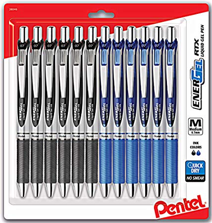 Pentel EnerGel 0.7 mm RTX Retractable Liquid Gel Pen, Bulk Combo Pack of 6 BLACK INK & 6 BLUE INK metal pens (Total of 12 Deluxe Pens in box) Medium Line, Metal Tip pentel pens