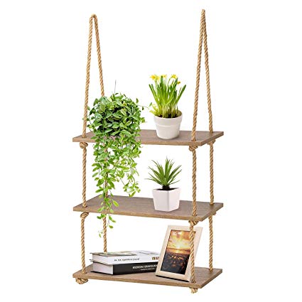 Magicfly Wood Hanging Rope Shelf, Wall Swing Storage Floating Window Shelves for Plant, Set of 3 Tiers, Brown