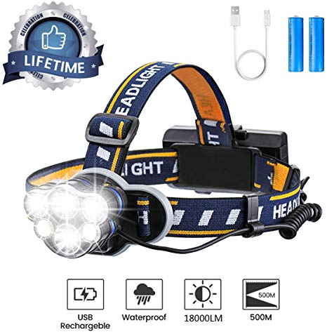 Brightest Headlamp,Super Bright 18000 Lumen 6 LED Work Headlight With Red Warning Lihgt 8 Modes Rechargeable Waterproof Flashlight , HeadLights for Camping Cycling Hunting Fishing Climbing Running Outdoor (6 LED N0.2)