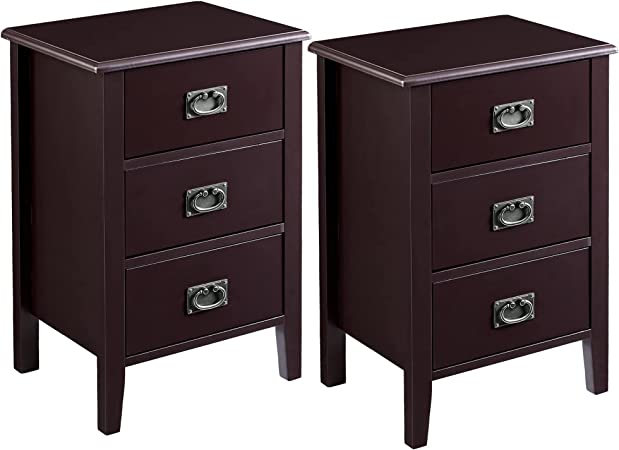 VECELO Nightstands Set of 2 End/Side Tables Living Room Bedroom Bedside, Vintage Accent Furniture Small Space, Solid Wood Legs, Three Drawers, Black Walnut