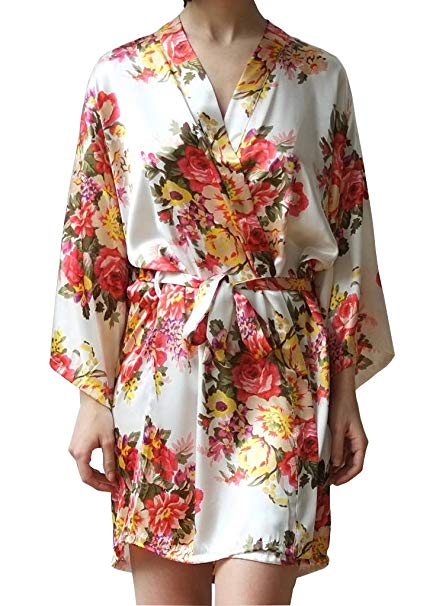 SYLYLJ Women's Satin Floral Short Kimono Robes for Bride and Bridesmaid Wedding Party Robes Nursing Gown