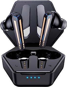 kurdene G03 Wireless Earbuds Bluetooth 5.3 Headphones with 45ms Ultra Low-Latency Deep Bass for Music/Game Mode, Built-in Microphones with Breathing Light Effect and Wireless Charging Case-Black