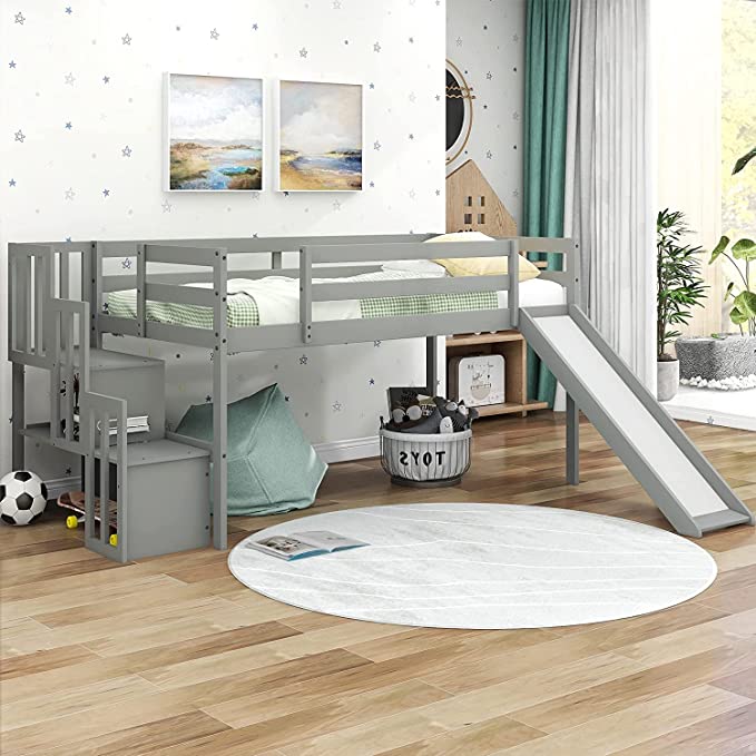 GAOPAN Twin Size Wood Loft Bunk Bed Frame Bedroom Guest Room Furniture with Slide, Stairs ,Safety Rail and Storage Shelves for Kids Teens Girls Boys Boys, No Box Spring Needed, Grey