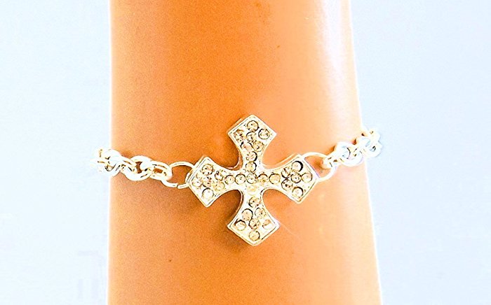 Stocking Stuffer- Gift for Her -Silver Rhinestone Cross Connector - Layering/Bar/Stacking Bracelet