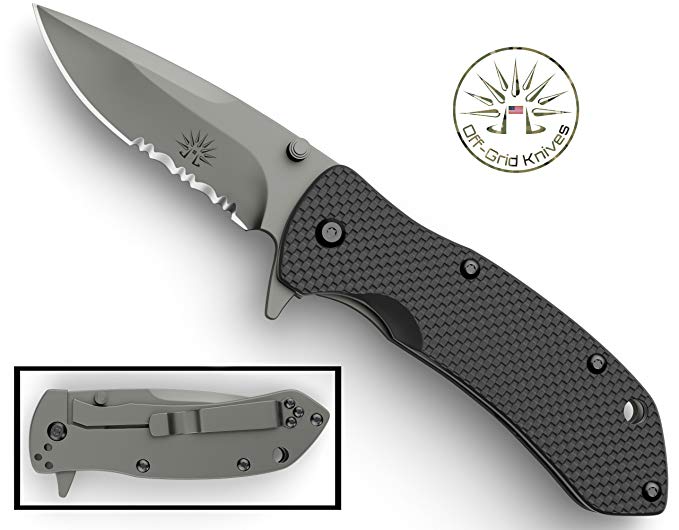 OFF-GRID KNIVES - (OG-808S) All-Day Nano - Compact & Light EDC Pocket Flipper Knife - Frame Lock, Semi-Serrated Japanese AUS8 Blade, G10 Grip, Dual Position Clip - Perfect Fishing Tool